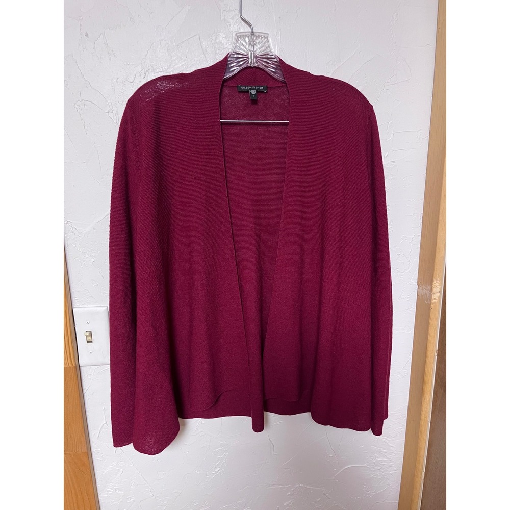 Eileen Fisher Berry Red 100% Wool Open Front Cardigan Sweater Italian Yarn Small